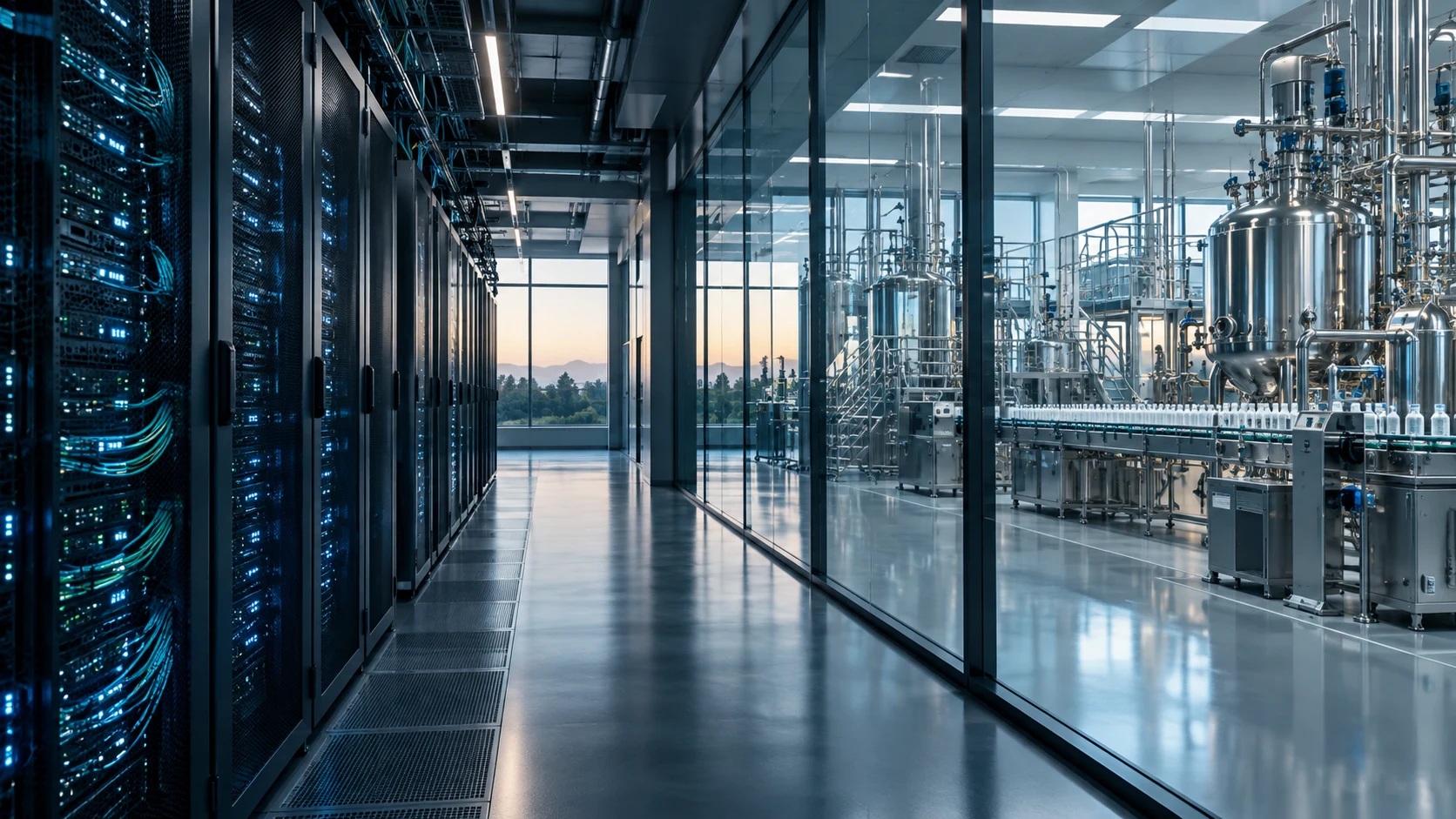 Illustratives Motiv: Serverinfrastruktur neben einer modernen Produktionsumgebung